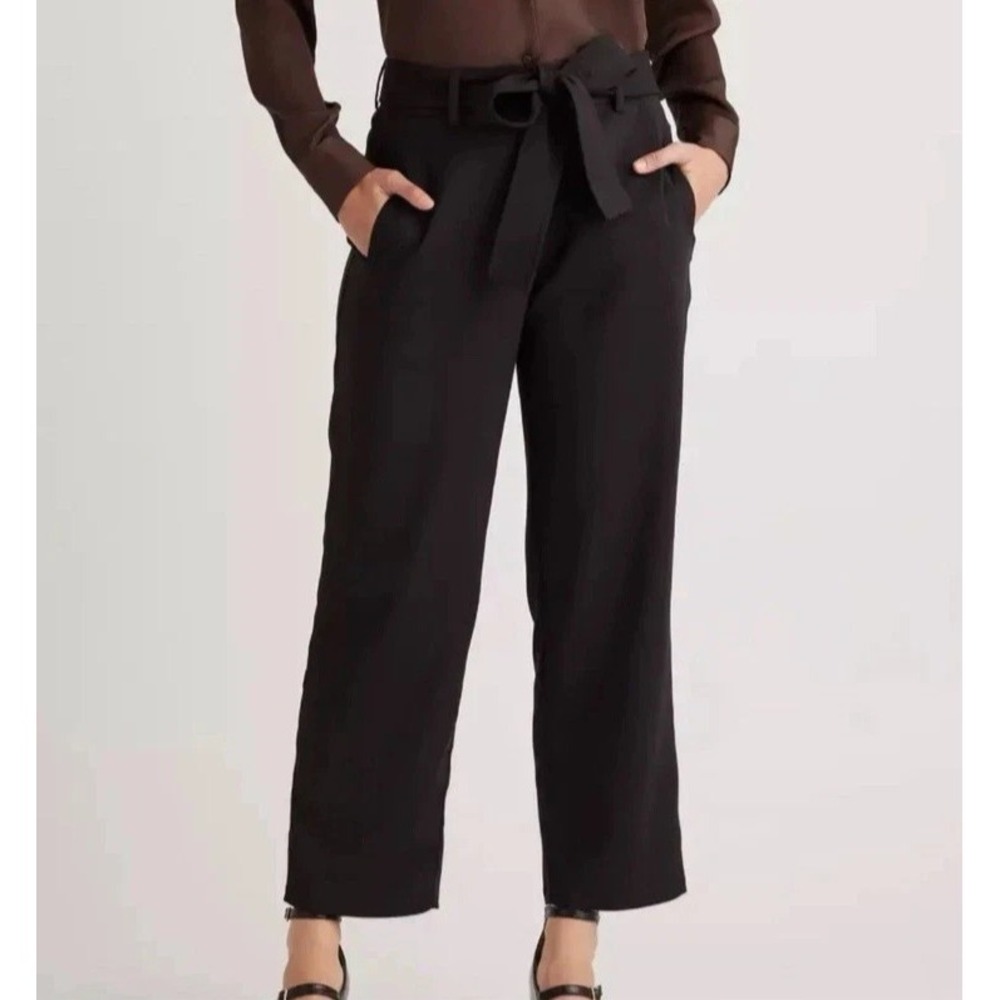 Quince Stretch Crepe Paperbag Pants Black Tie Waist Belt Wide Leg Size 10 NWT